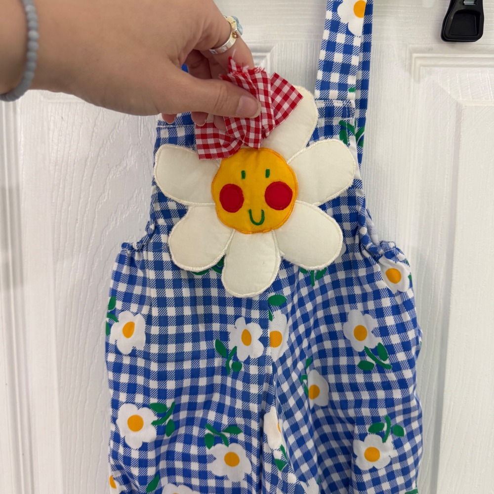 Vintage Baby Blue Gingham Daisy Overalls Sunflower Applique Romper 0-6 Months - Picture 4 of 8